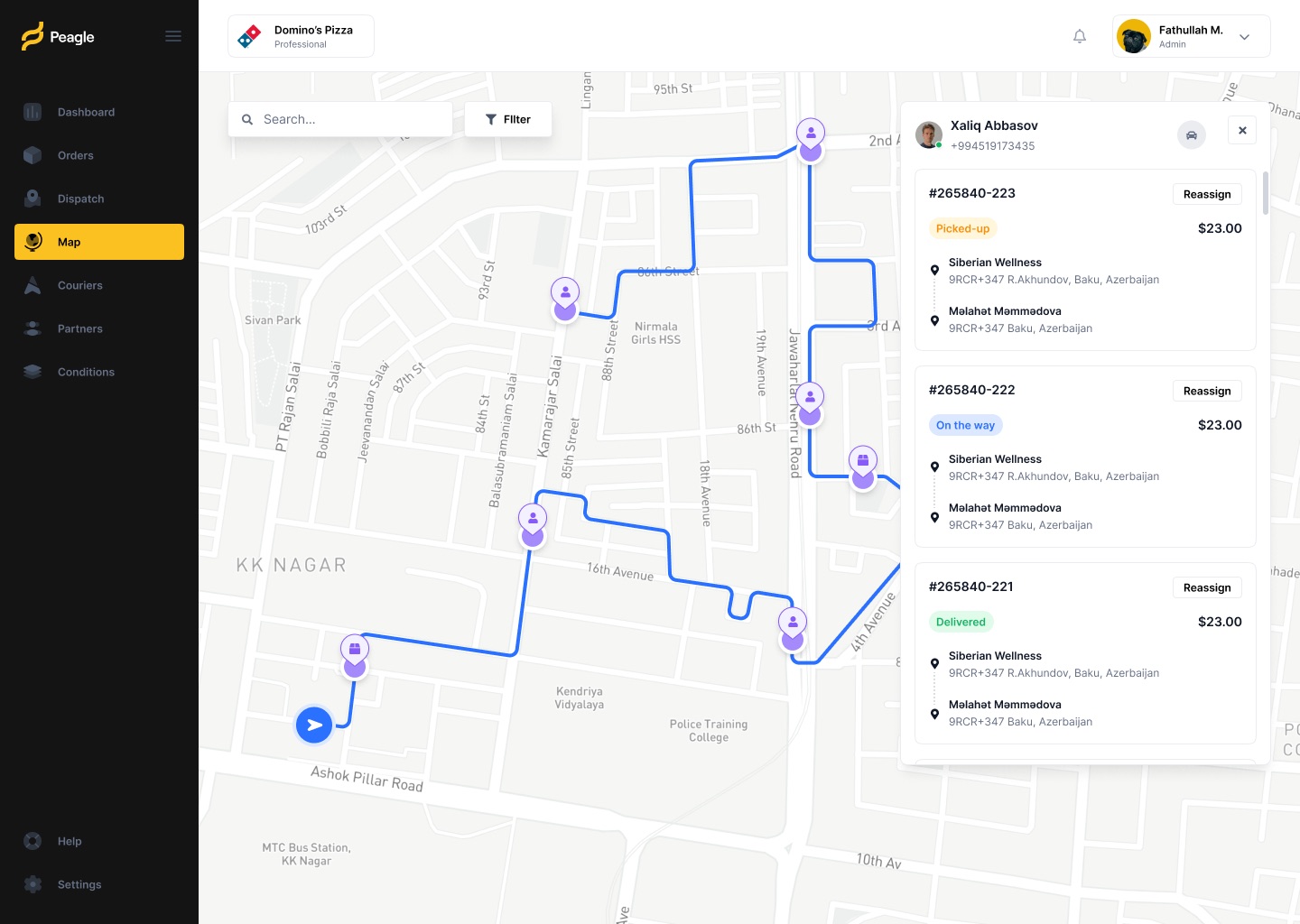 Map with a courier's full multi-stop route and a side panel listing their orders with Picked-up, On the way and Delivered tags
