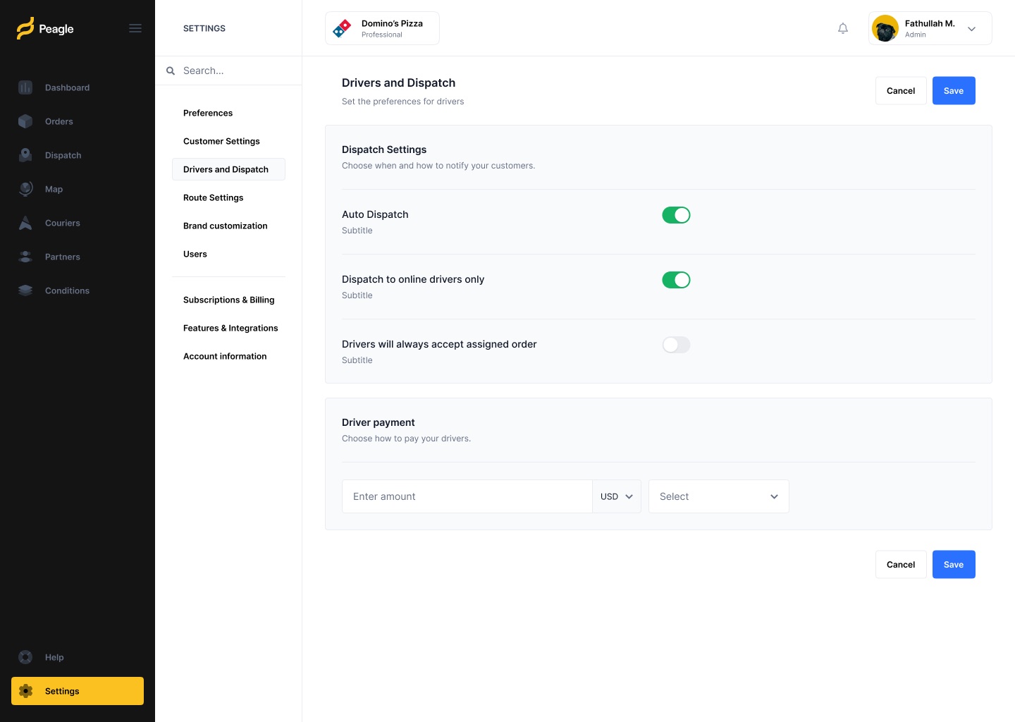 Drivers and Dispatch settings with toggles for auto dispatch and online-only dispatch, and a driver payment amount field