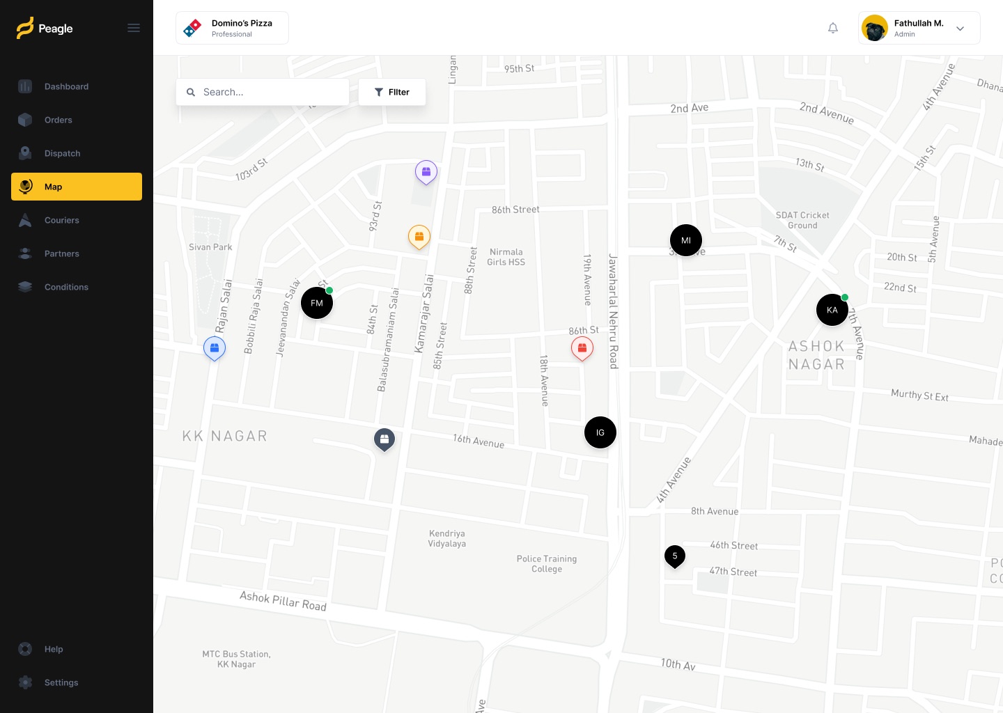 Map view with courier avatars and coloured order pins spread over city streets, with search and filter controls