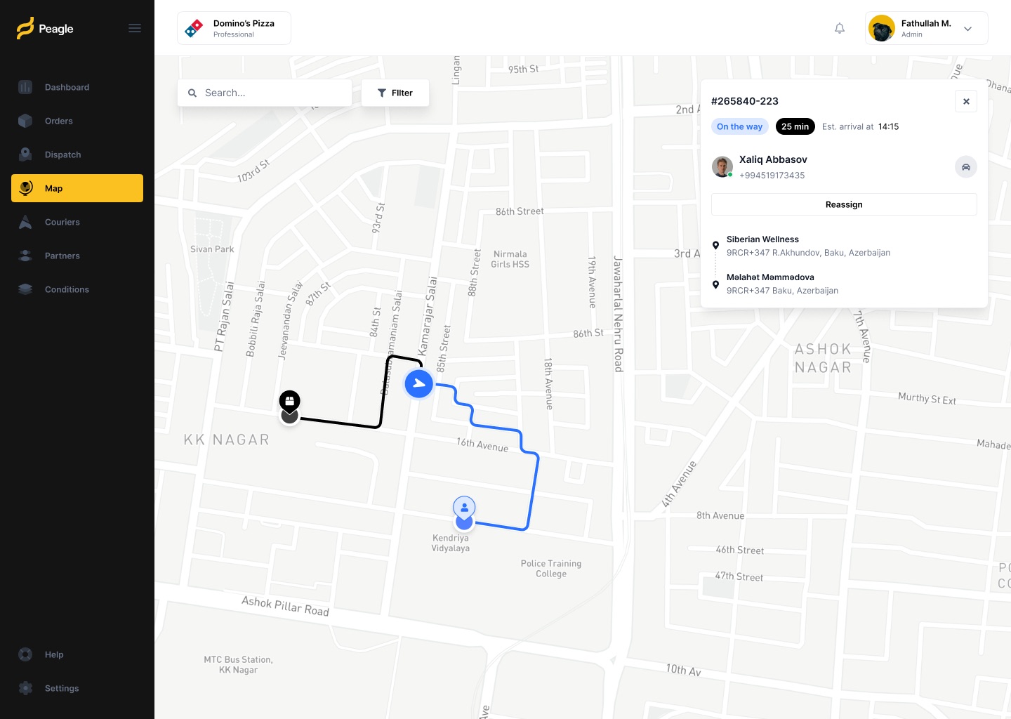 Map with one order's route drawn from courier to customer, and a card showing the order status 'On the way', a 25 minute ETA, the courier and a Reassign button