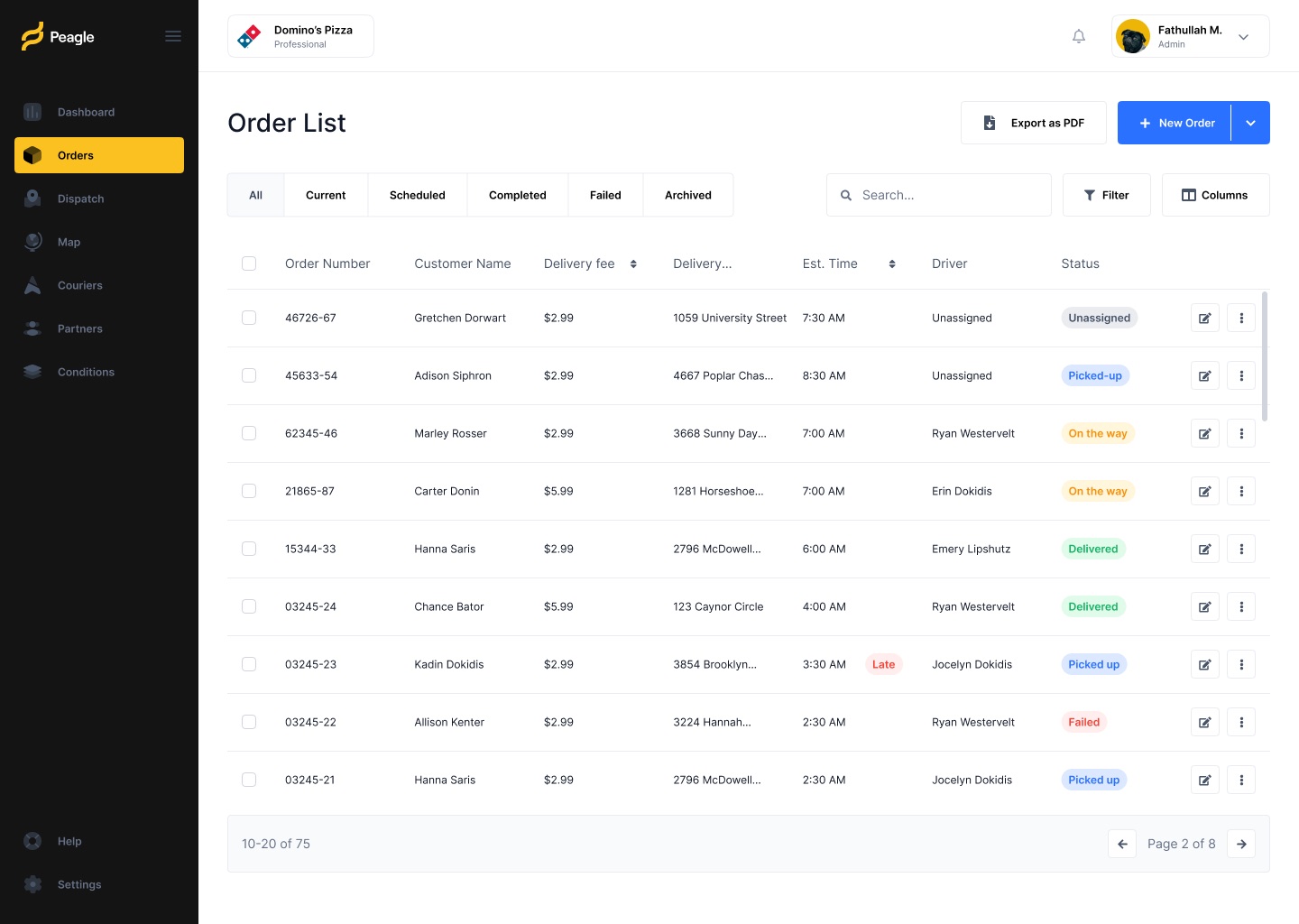 Order list table with tabs for All, Current, Scheduled, Completed, Failed and Archived, and status tags such as Picked-up, On the way, Delivered and Failed