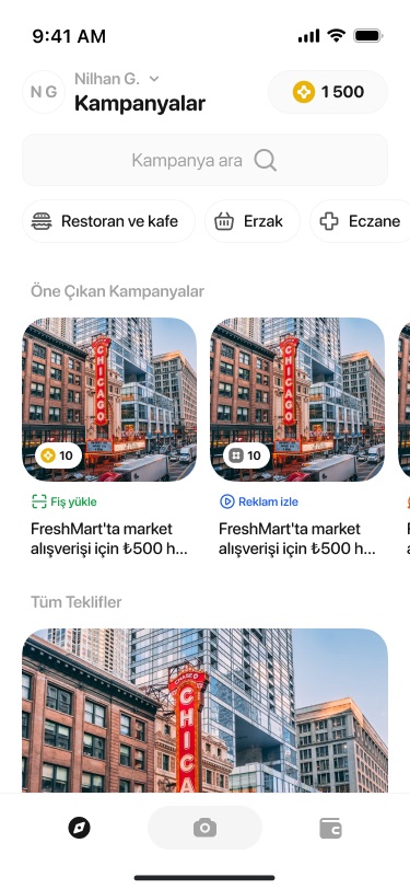 Campaigns tab with search, category chips for restaurants, groceries and pharmacies, featured campaigns and an all-offers list