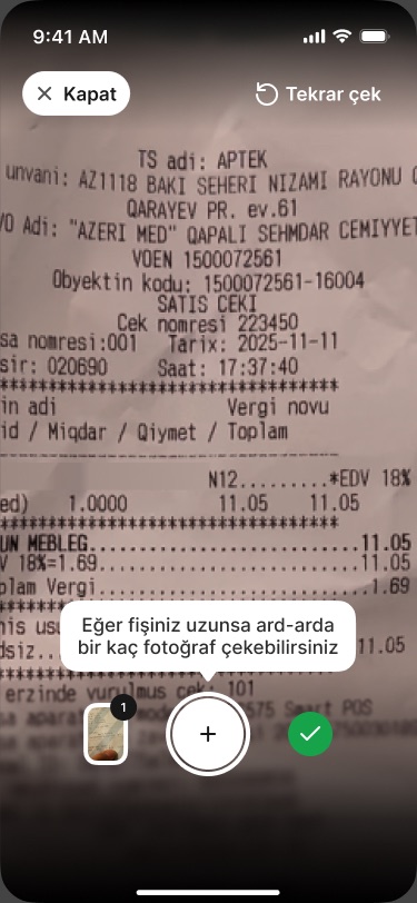 Camera view over a paper receipt with a tip about taking several photos of long receipts, a thumbnail counter, the shutter and a confirm button
