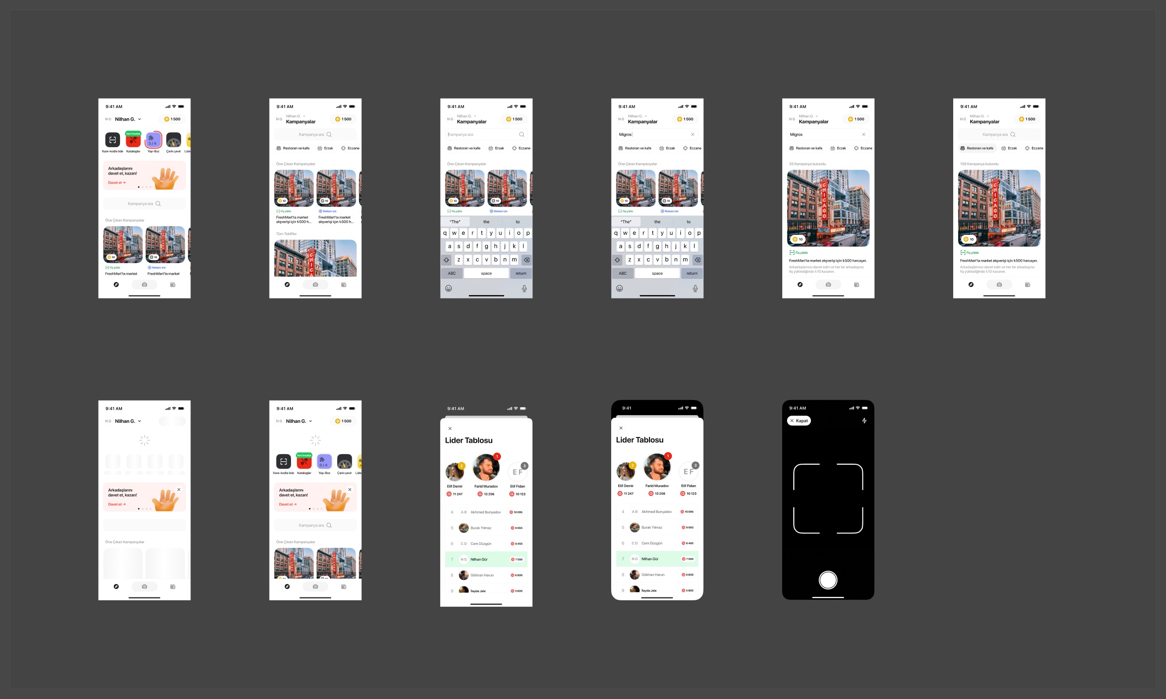 Qumpara Discover board: eleven phone screens showing the home feed, campaign search with keyboard, search results, loading skeletons, the leaderboard and the camera view.