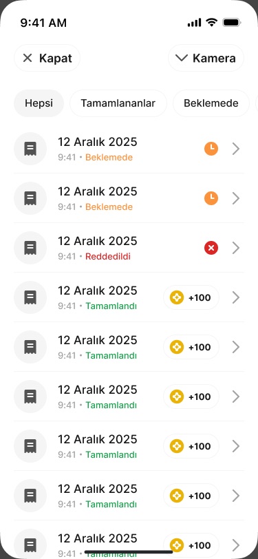Uploaded receipts list with filters and rows marked pending, rejected or completed with +100 coins