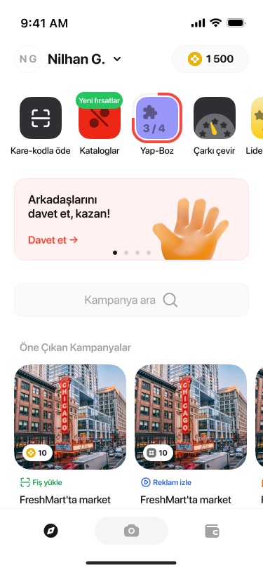 Home screen with the coin balance, a row of shortcut tiles, an invite-friends banner, a campaign search field and featured campaign cards