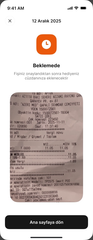 Pending screen with an orange clock icon, a note that the reward will be added to the wallet once approved, and the uploaded receipt