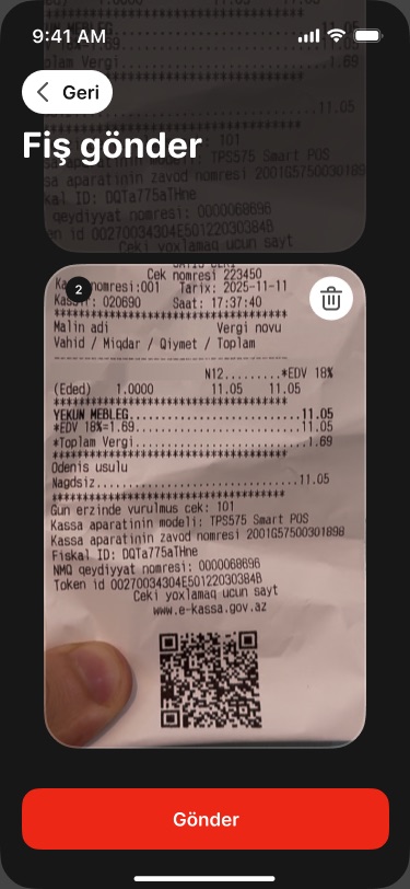 'Fiş gönder' review screen with numbered receipt photos stacked, a delete icon on each and a red send button