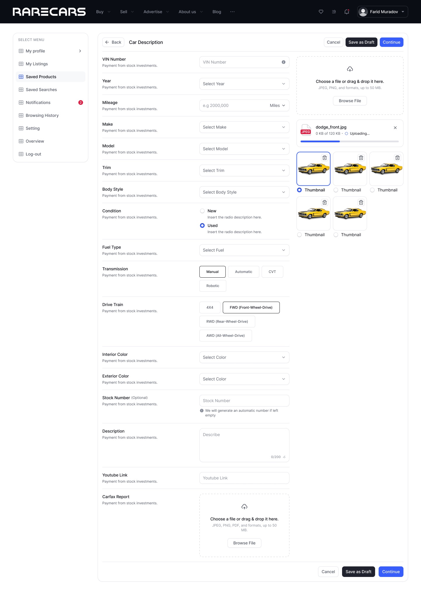 Car Description form: labelled rows for VIN, year, mileage, make, model, trim, body style, condition, fuel, transmission, drive train, colours, stock number, description, YouTube link and Carfax report, with a photo upload area and five thumbnails on the right