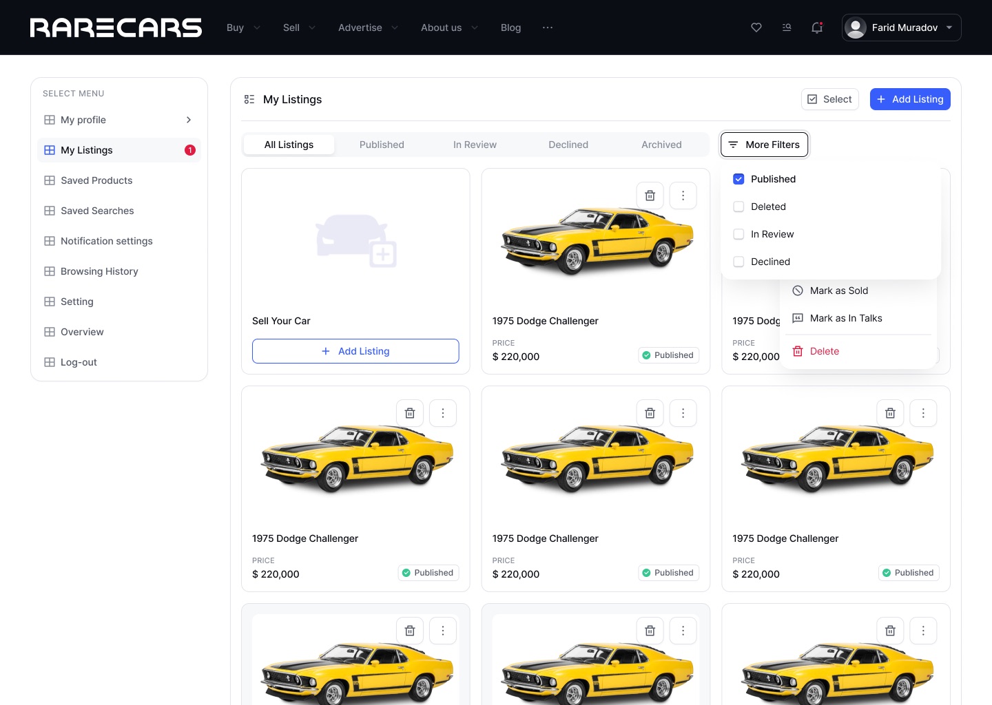 Rare Cars 'My Listings' page: a dark top bar with the RARECARS logo, an account menu on the left, status tabs and a grid of yellow 1975 Dodge Challenger listings, with the filter and card action menus open.