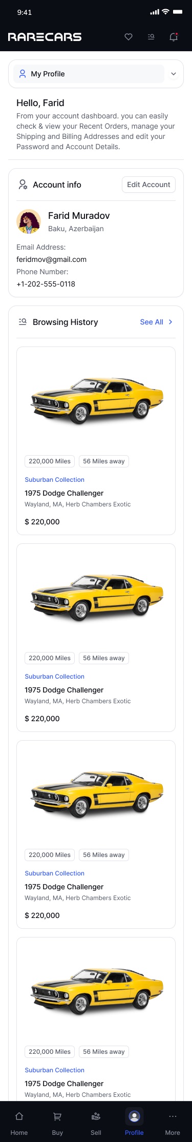 Mobile profile: a My Profile selector, a greeting, an account info card with contact details and a list of recently viewed cars, with a bottom tab bar