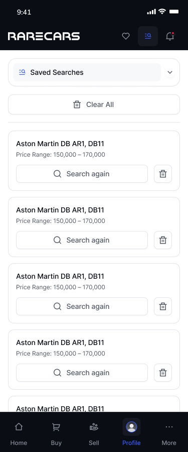 Mobile saved searches: a list of cards with the model name, price range, a Search again button and a delete button