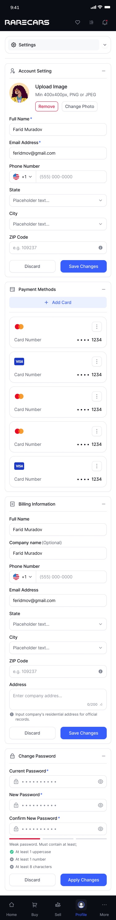 Mobile settings with collapsible sections for account details, payment cards, billing information and password change with a strength meter
