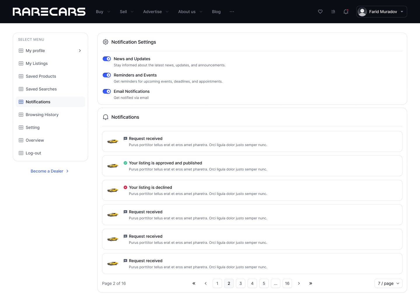 Notifications page with three toggles for news, reminders and email, above a list of notifications: request received, listing approved and published, listing declined