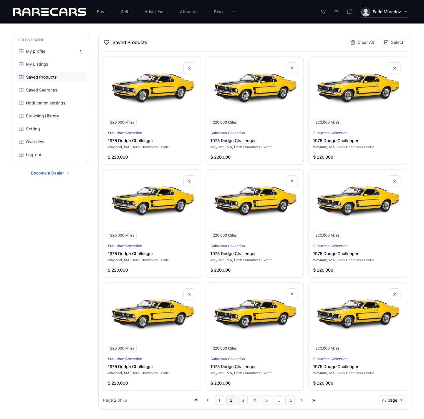 Saved Products page: a three-column grid of car cards with mileage, collection, model, dealer location and price, each with a remove button, and pagination below