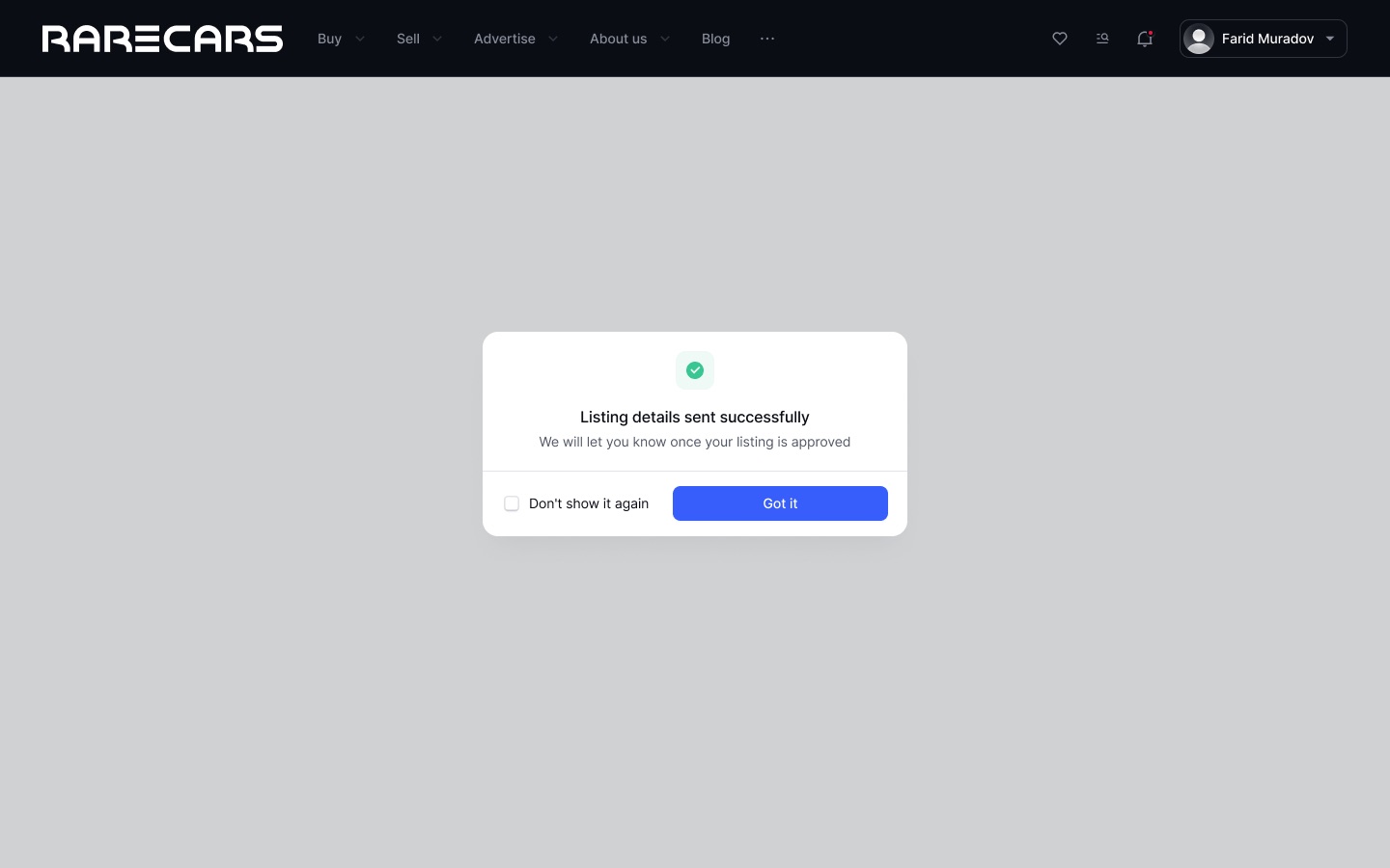 A modal confirming 'Listing details sent successfully' with a note that the user will be told once the listing is approved, a 'Don't show it again' checkbox and a Got it button