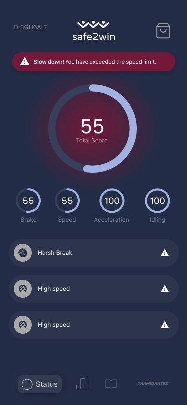 Driver score screen with a red-glowing ring showing 55, a speeding alert banner and three events: Harsh Break and two High speed
