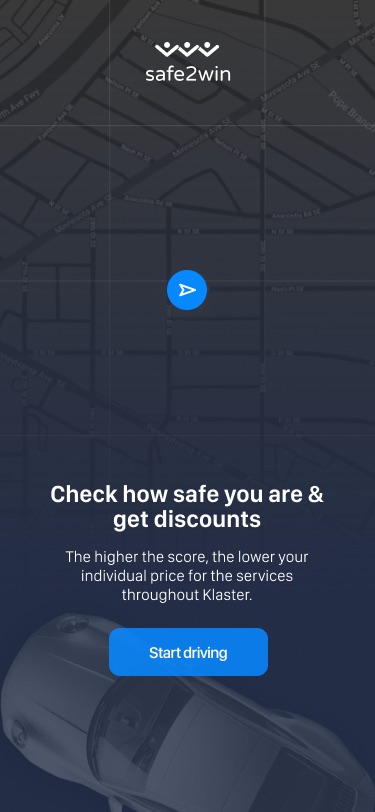 Safe2win onboarding over a dark map with a car at the bottom, the headline 'Check how safe you are & get discounts' and a blue 'Start driving' button
