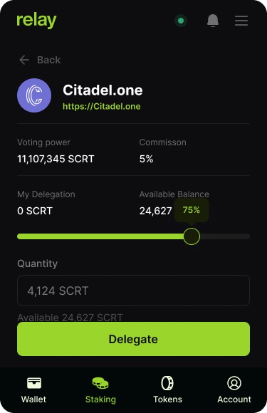 Validator detail for Citadel.one with a slider set to 75 percent of the available balance and a Delegate button
