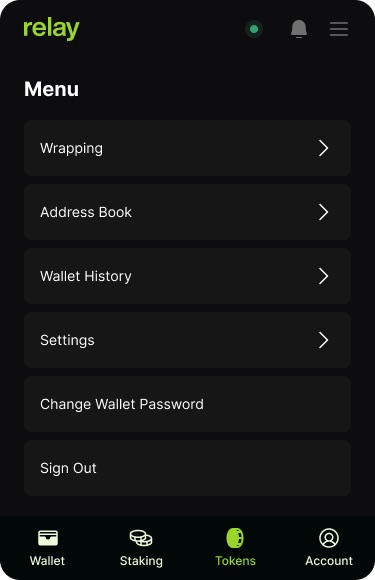 Menu with Wrapping, Address Book, Wallet History, Settings, Change Wallet Password and Sign Out
