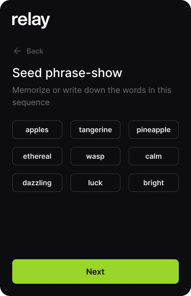 Seed phrase screen showing nine words in a three by three grid with a Next button