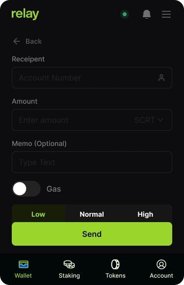 Send form with recipient, amount in SCRT, optional memo, a gas toggle and Low, Normal, High fee options