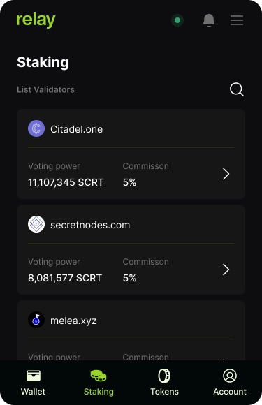 Staking tab listing validators such as Citadel.one and secretnodes.com with voting power and commission