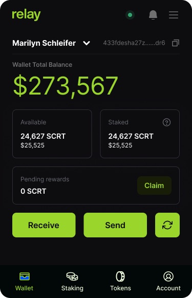 Wallet home with a large green total balance, available and staked SCRT cards, pending rewards with Claim, and Receive, Send and swap buttons