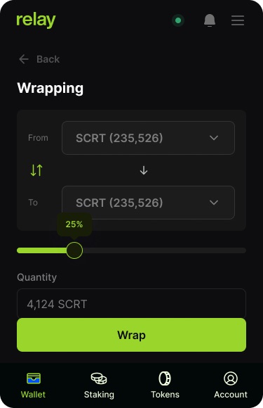 Wrapping screen with From and To token selectors, a 25 percent slider, quantity field and Wrap button