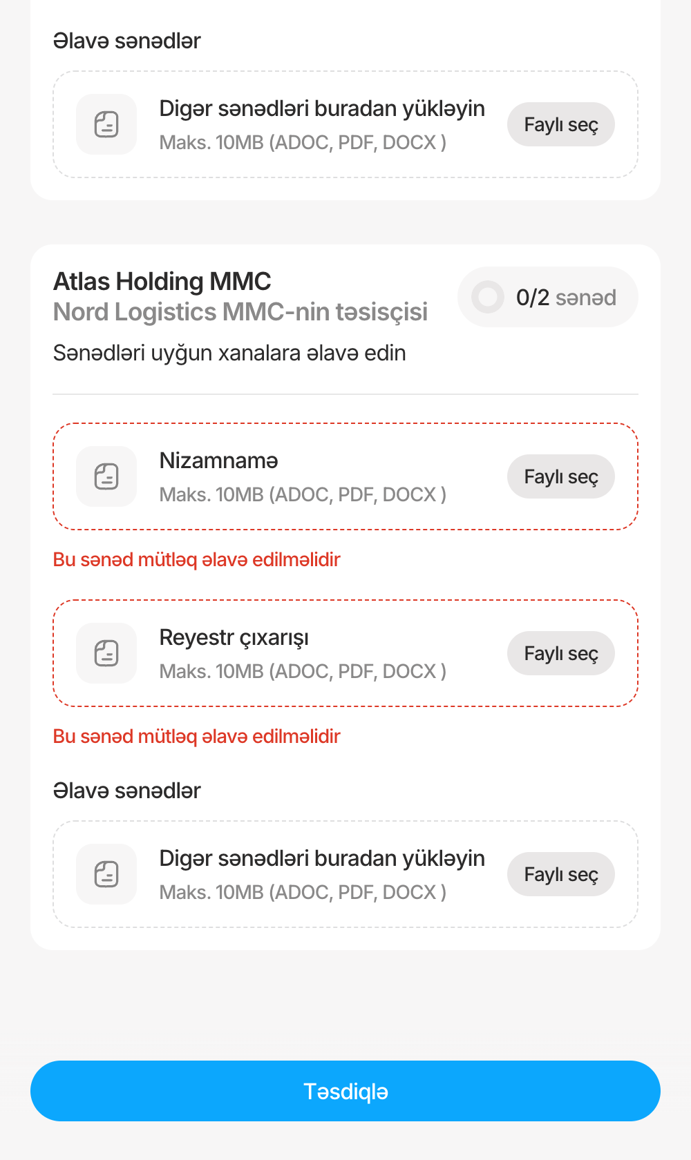 Documents card for a nested company with both required slots marked in red