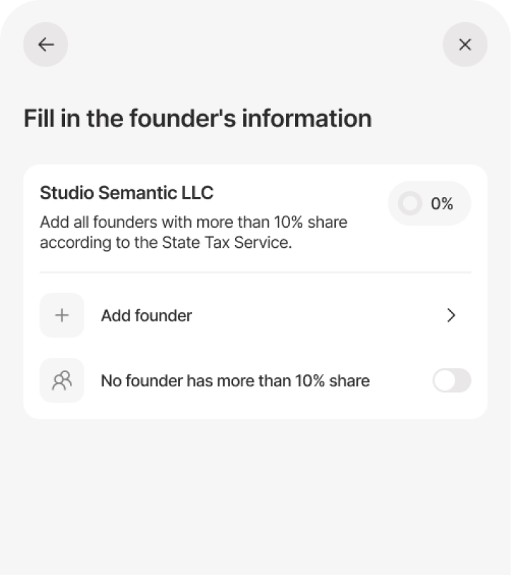The founder step for Studio Semantic LLC at 0%, with 'Add founder' and the 'No founder has more than 10% share' toggle