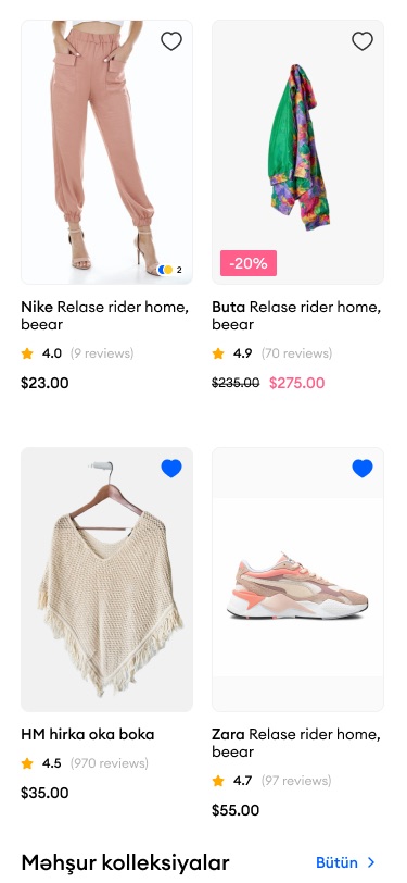 Two-column product grid with trousers, a jacket, a knitted poncho and sneakers, ratings, prices and a -20% badge, above the 'Məşhur kolleksiyalar' heading