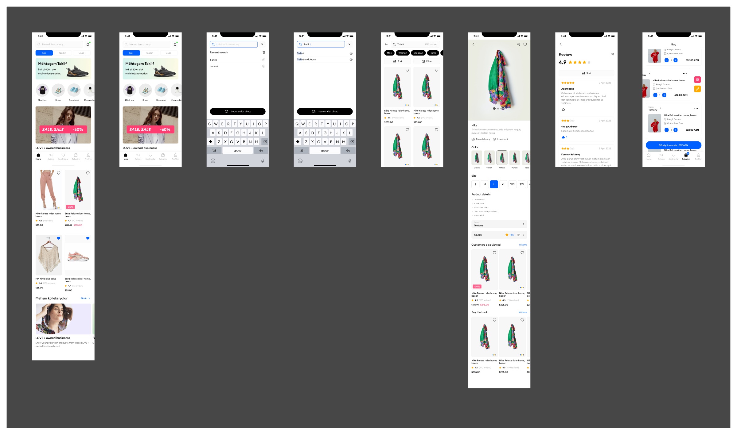 Design board with eight iPhone screens of the Tentony app: home, home scrolled, two search states, search results, a long product page, reviews and the bag.