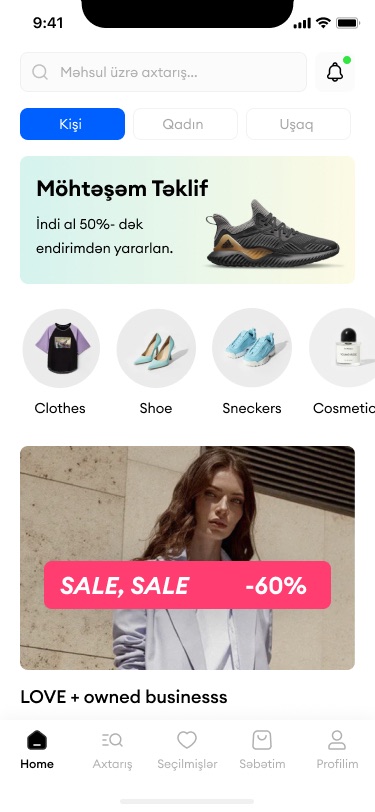 Tentony home screen with search bar, Kişi/Qadın/Uşaq tabs, a 'Möhtəşəm Təklif' shoe banner, round category icons and a -60% sale card