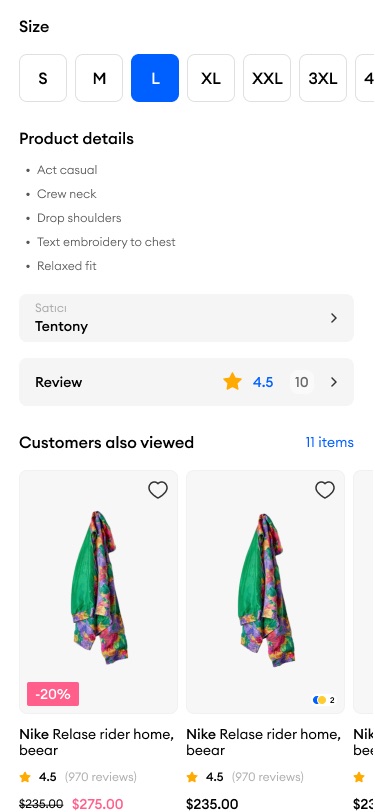 Size selector from S to 3XL with L selected in blue, product details bullets, seller row 'Tentony', review summary 4.5 and a 'Customers also viewed' carousel