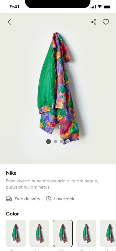 Product page with a large photo of a green floral jacket, gallery dots, share and favourite icons, Free delivery and Low stock labels and colour swatches
