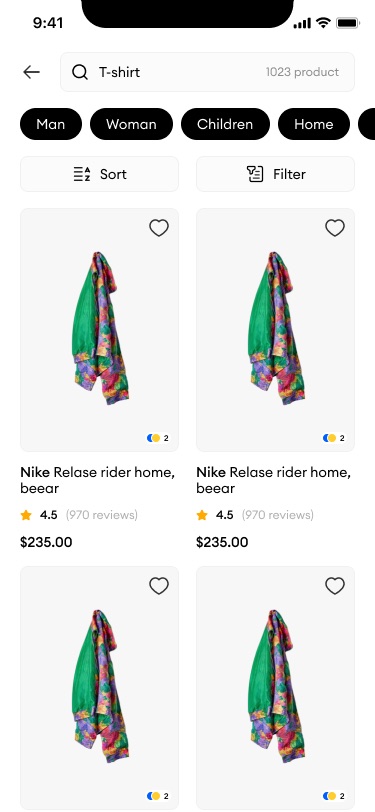 Search results for T-shirt showing 1023 products, black category chips (Man, Woman, Children, Home), Sort and Filter buttons and a product grid