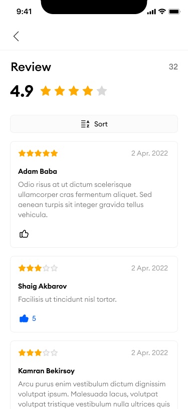 Review screen with an overall 4.9 star rating, a Sort button and review cards with stars, name, date, text and a like count