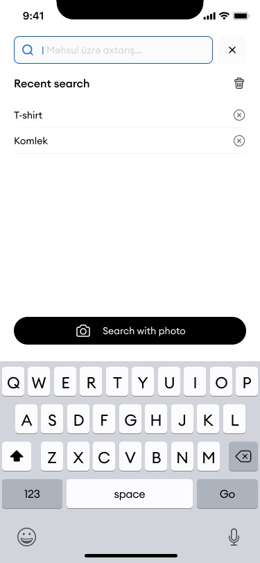 Empty search field with a Recent search list (T-shirt, Komlek), a clear-all icon and a black 'Search with photo' button above the keyboard