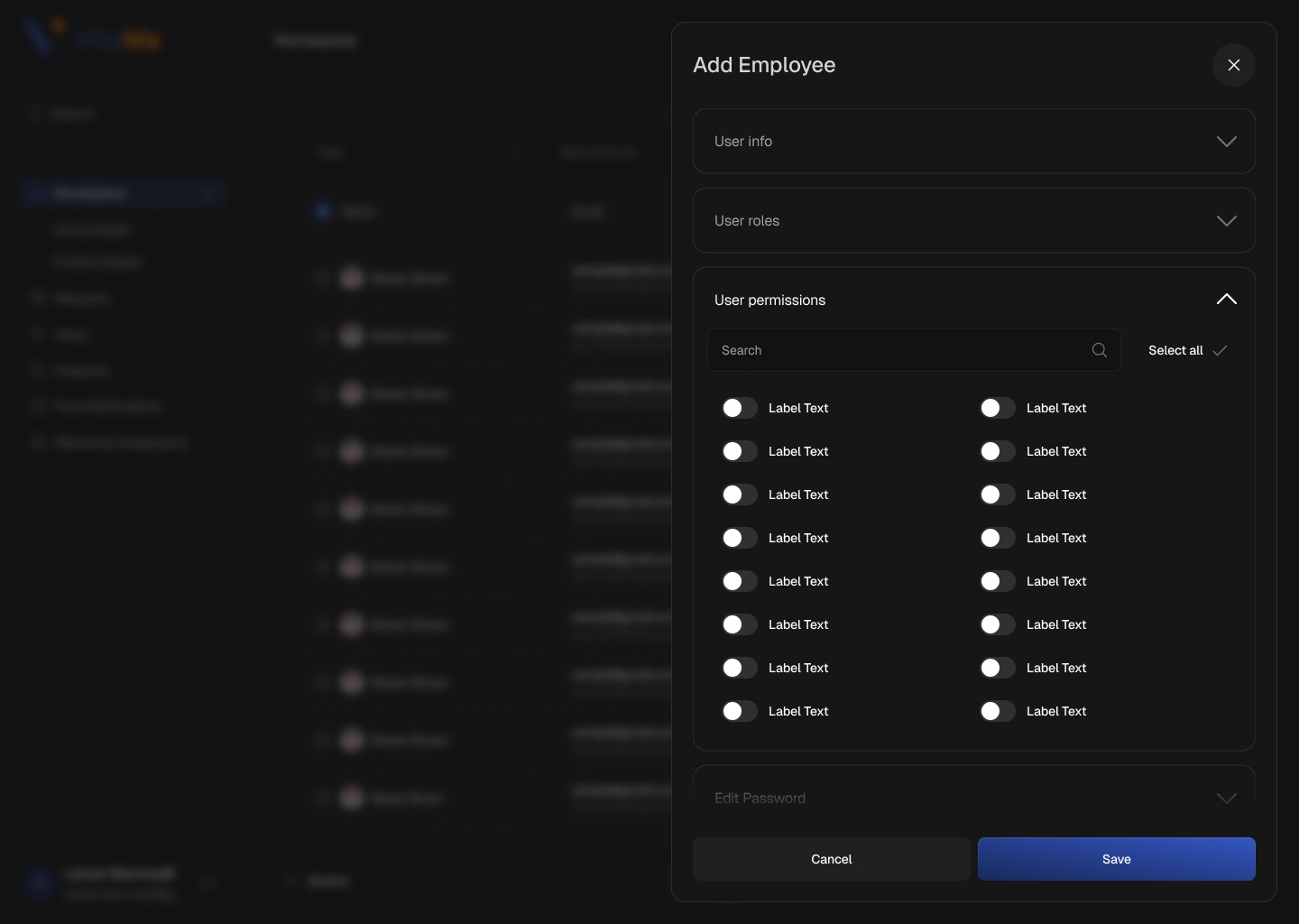 Add Employee drawer over the blurred table, with collapsible User info, User roles and User permissions sections and a grid of toggles