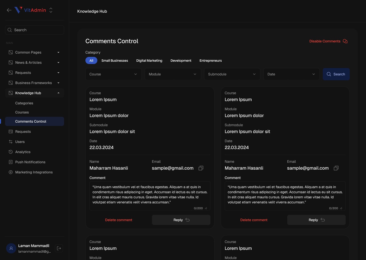 Comments Control page with category chips, course and module filters, and comment cards with Delete comment and Reply