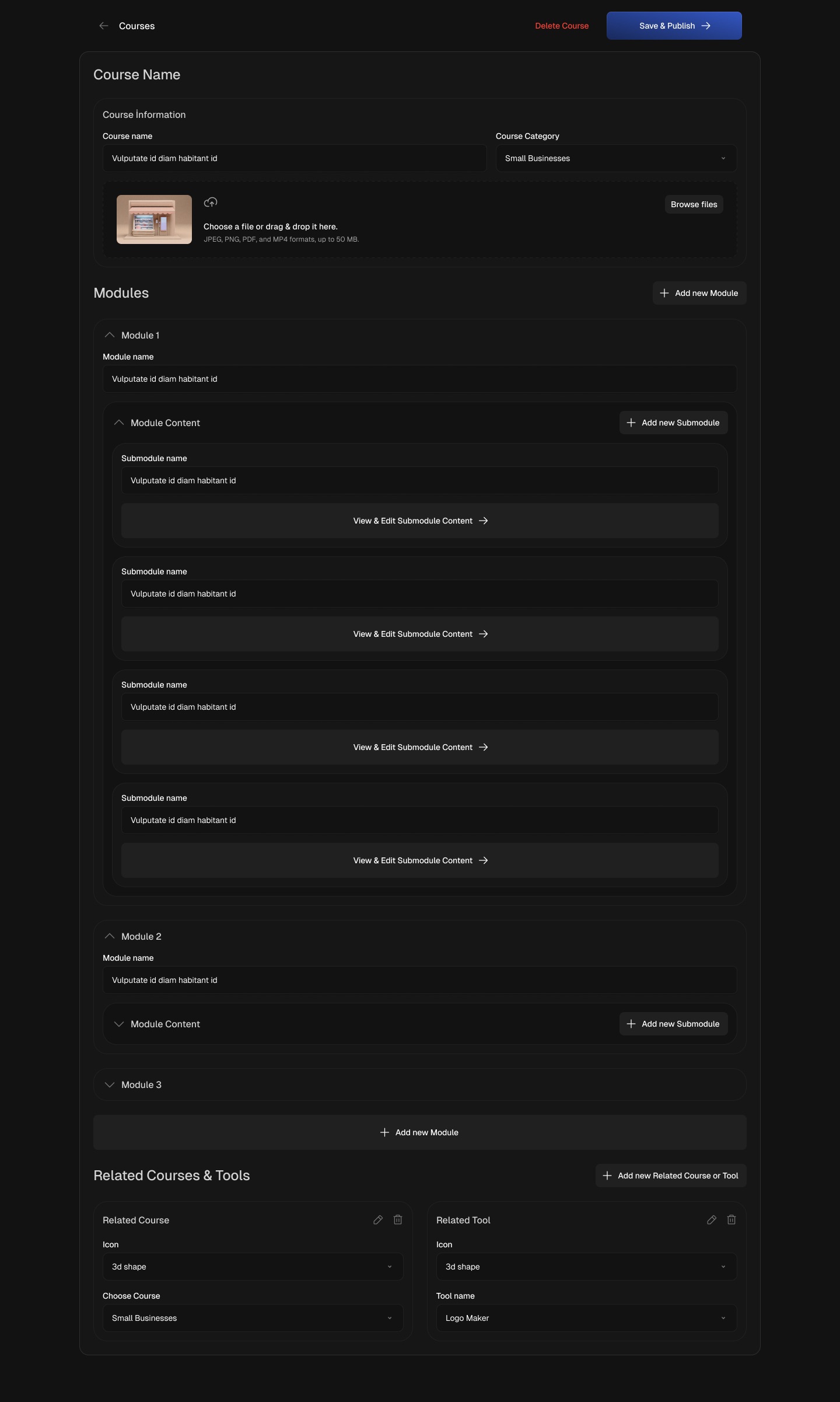 Course editor with course info and cover upload, nested modules with submodules, and a Related Courses and Tools section