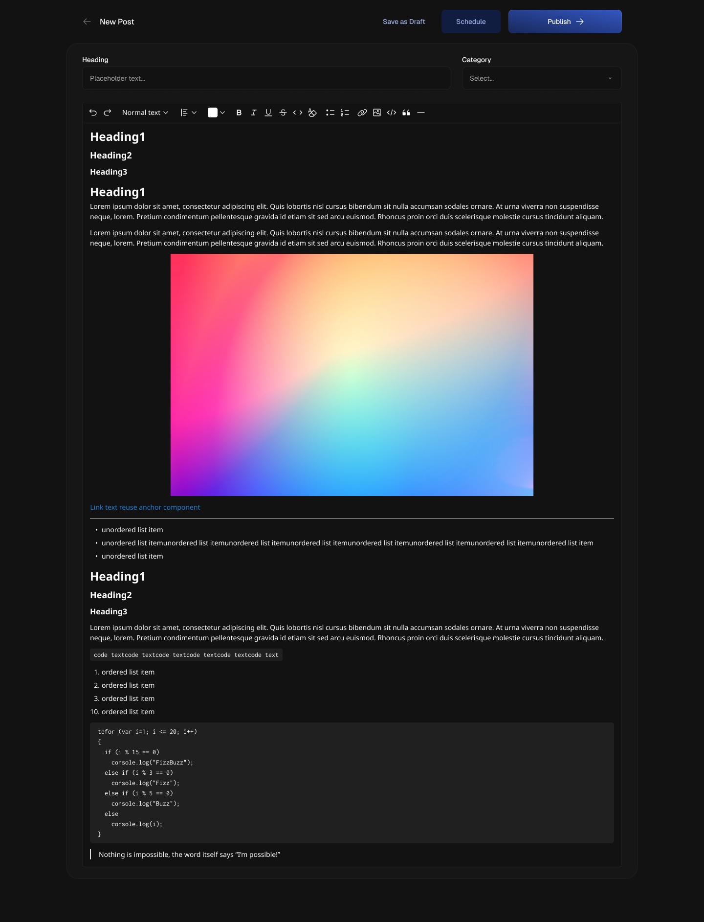 New Post editor with heading and category fields, a formatting toolbar, and sample headings, image, lists, code block and quote