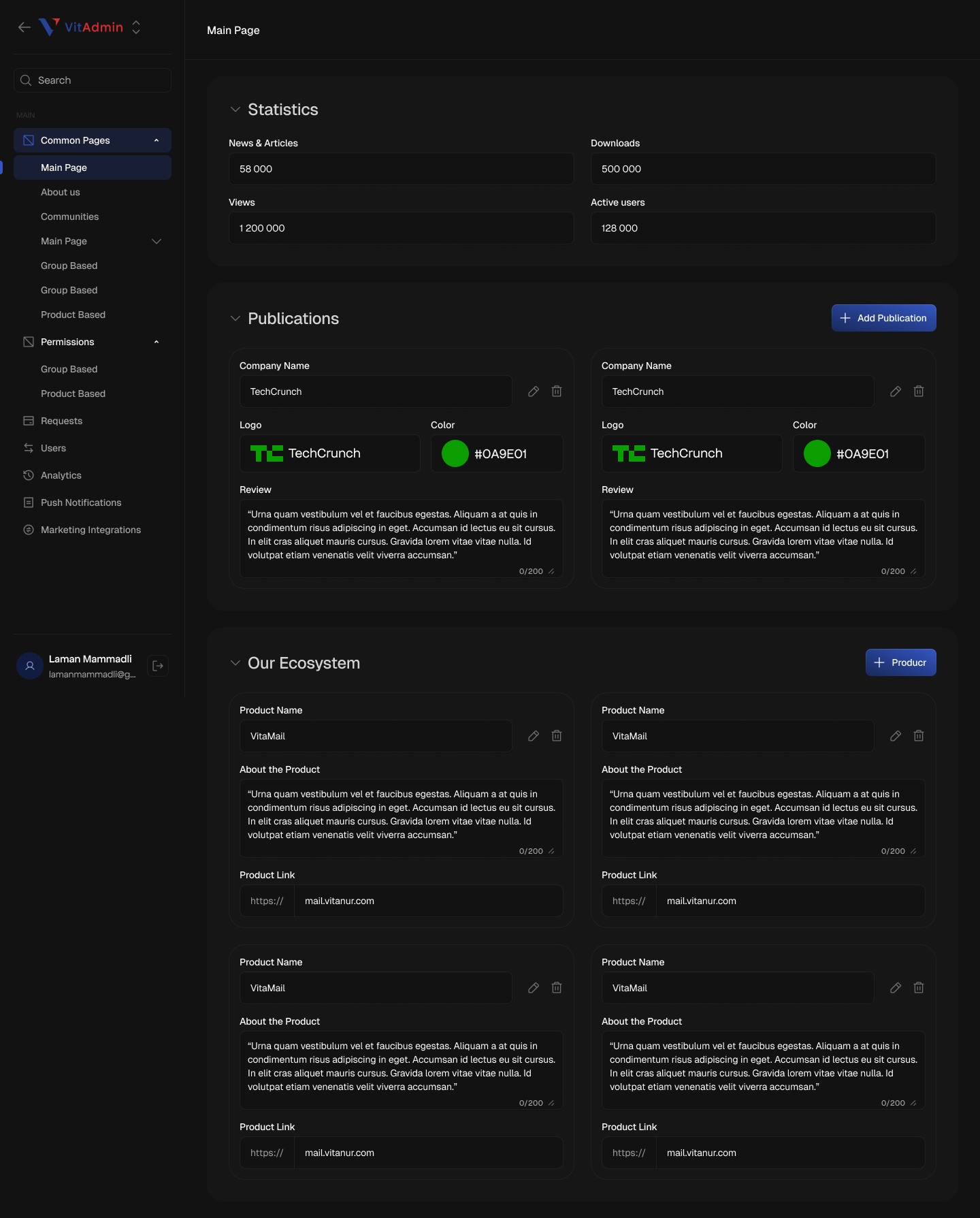 Vita Admin's Main Page editor: a sidebar with grouped navigation, and on the right collapsible Statistics, Publications and Our Ecosystem blocks made of editable cards.