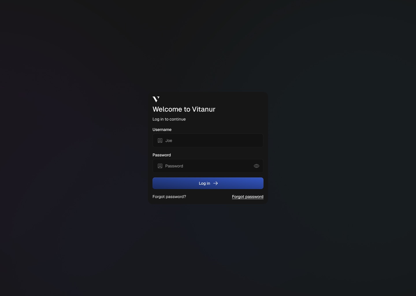 Dark sign-in card titled 'Welcome to Vitanur' with username and password fields and a blue Log in button