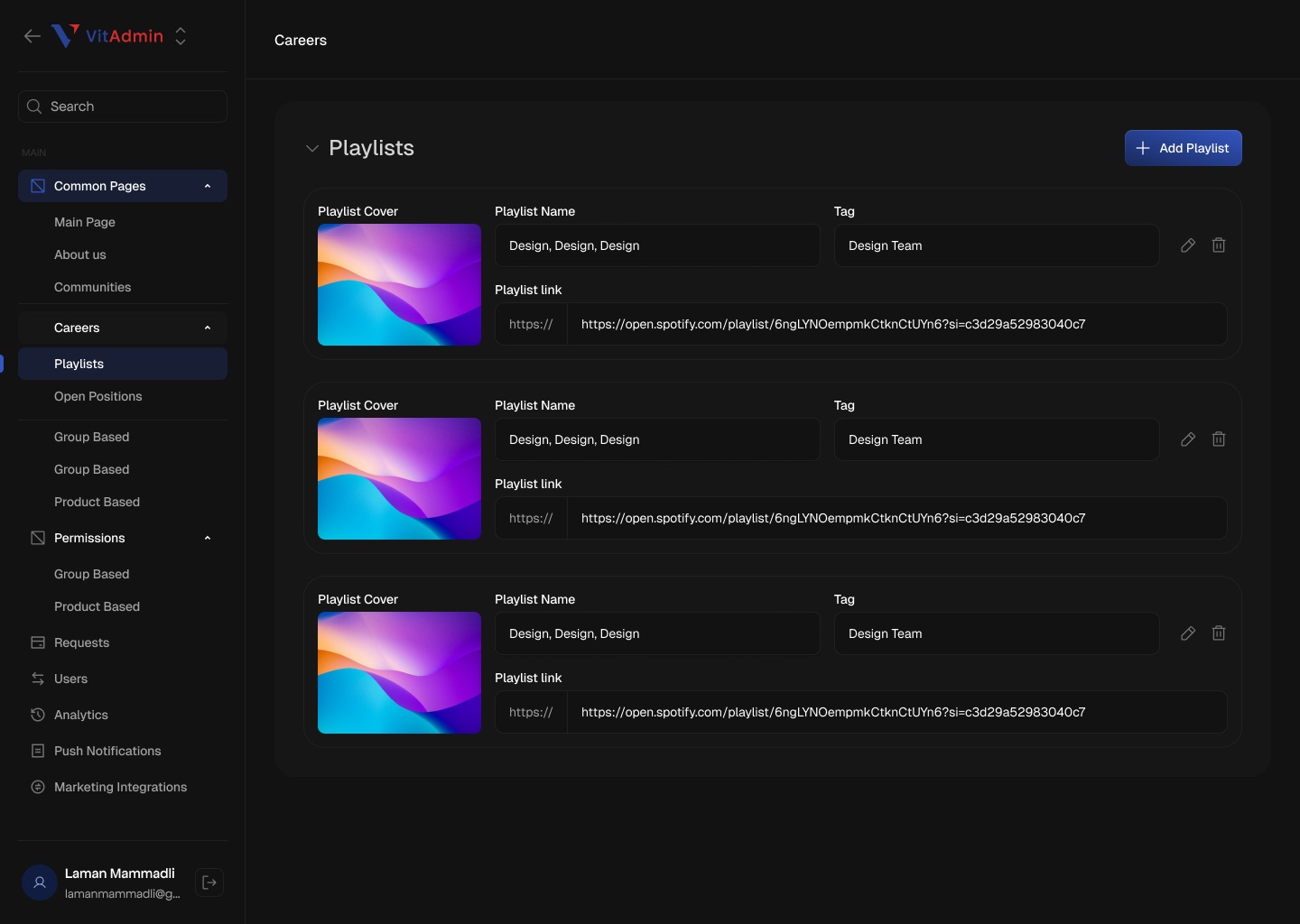 Careers Playlists editor with three cards, each with a cover image, playlist name, team tag and a Spotify link