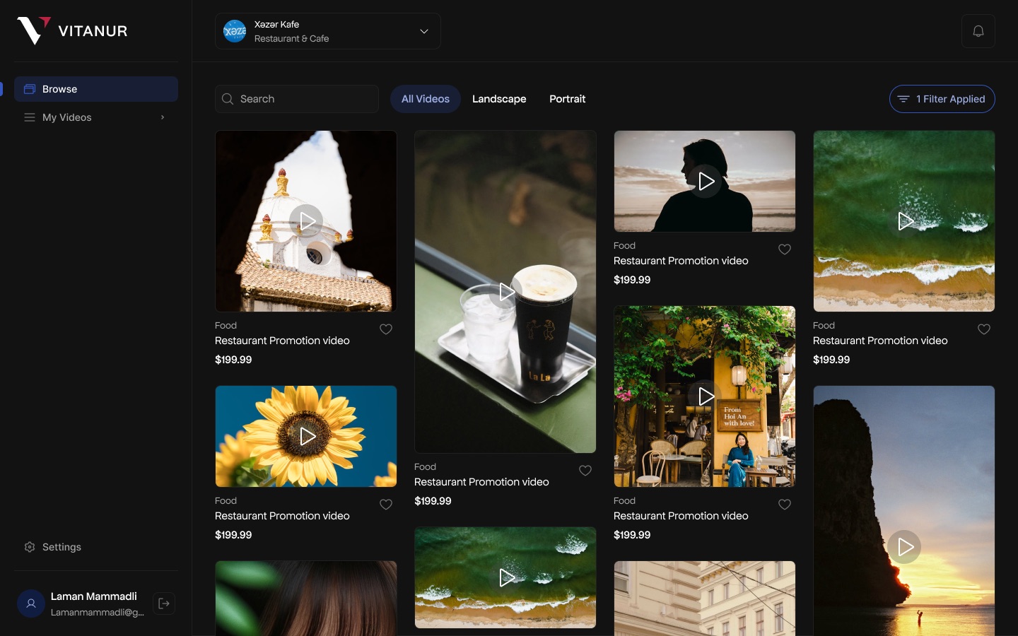 VitaVids catalogue: a sidebar with Browse and My Videos, a business selector set to Xəzər Kafe, and a masonry grid of video cards with prices
