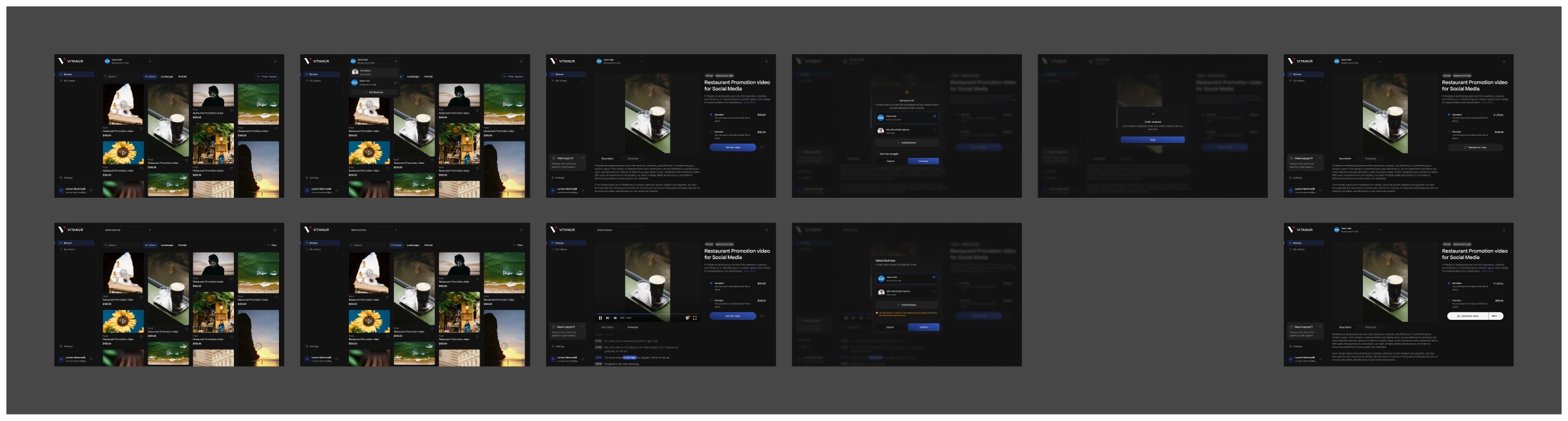 The VitaVids board: eleven dark desktop screens in two rows, covering the video catalogue, the video page, modals and download states.