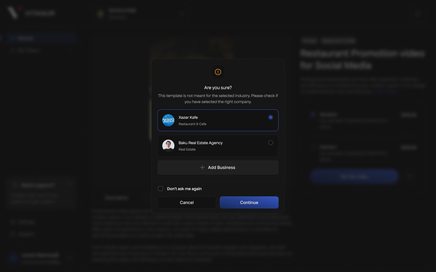 'Are you sure?' modal warning that the template is not meant for the selected industry, with a list of businesses to choose from and Continue