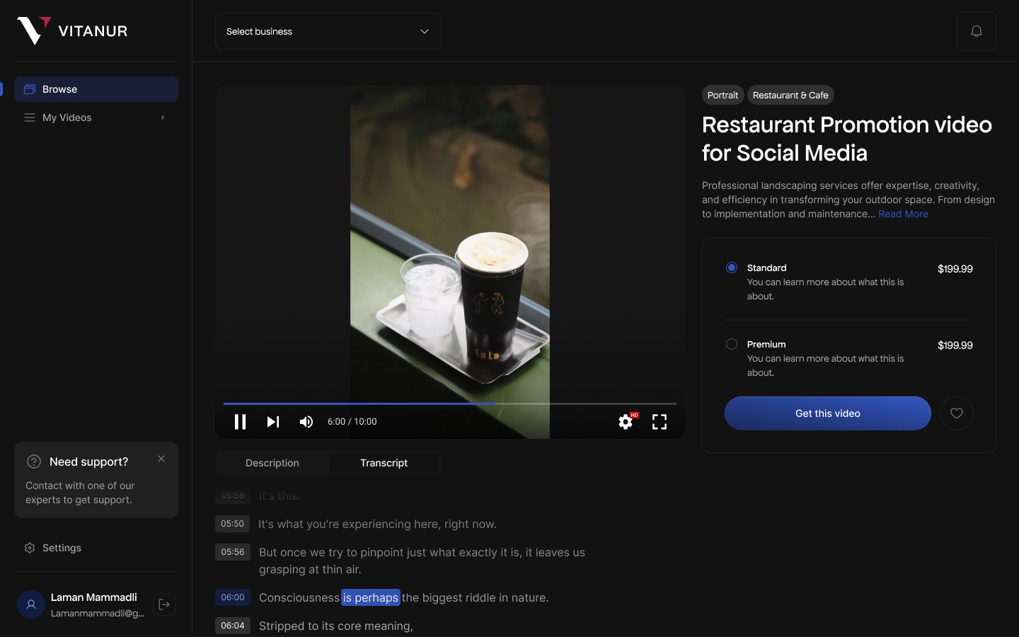 Video page while playing, with player controls and the Transcript tab showing timestamped lines with the current phrase highlighted